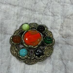 Vintage Miracle Brooch Pendant Faux Agate, Turquoise, Swirl Cabochons